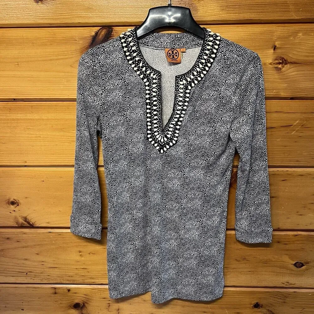 Tory Burch Blue & White Silk Beaded Dot Print Blouse Tunic Top Size Small